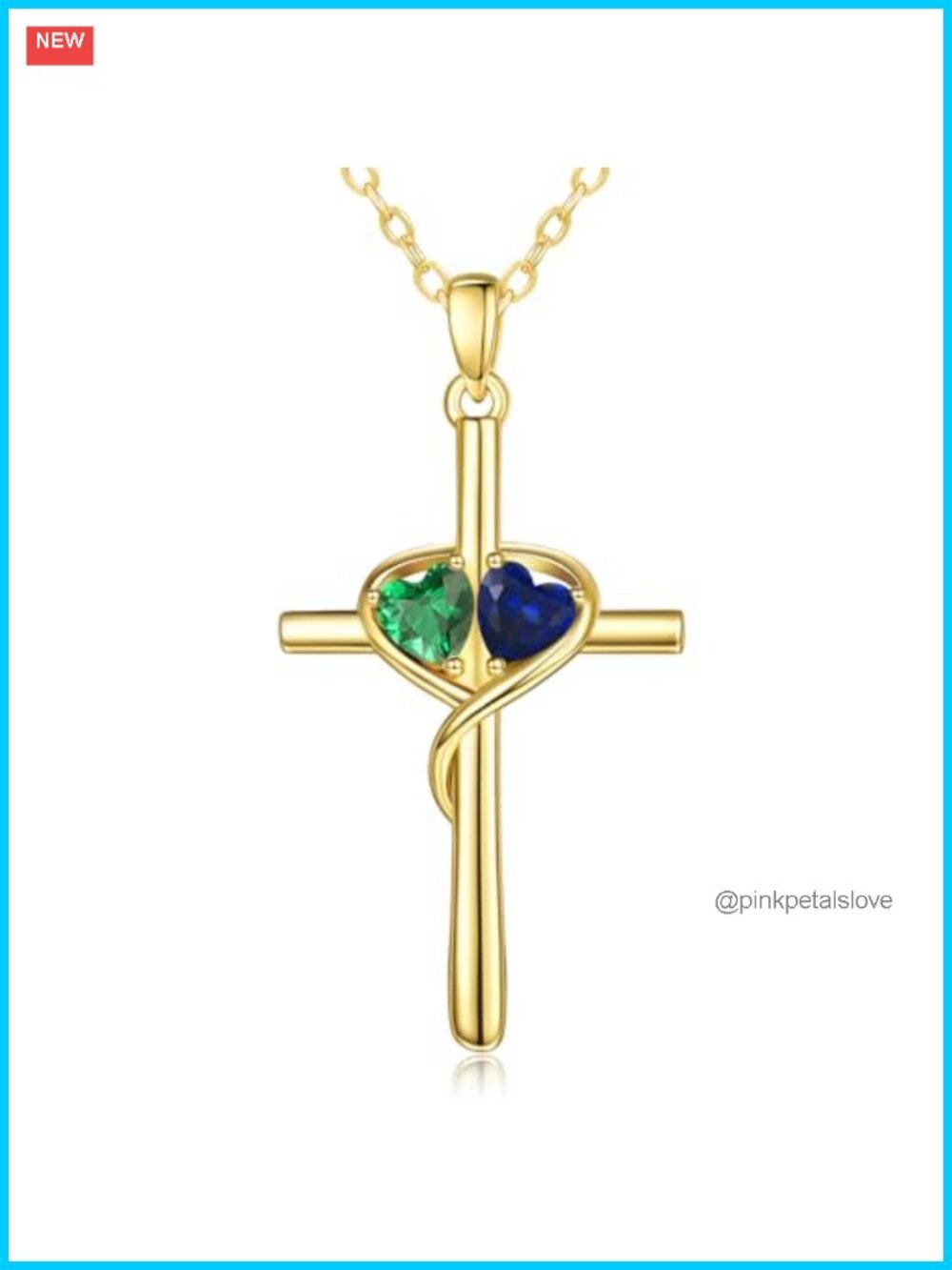 14K Gold Heart Cross Pendant Necklace with Double Birthstone